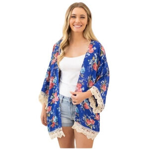 Umgee Floral Open Front Kimono Lace Trim Size Small Boho Festival Cottagecore